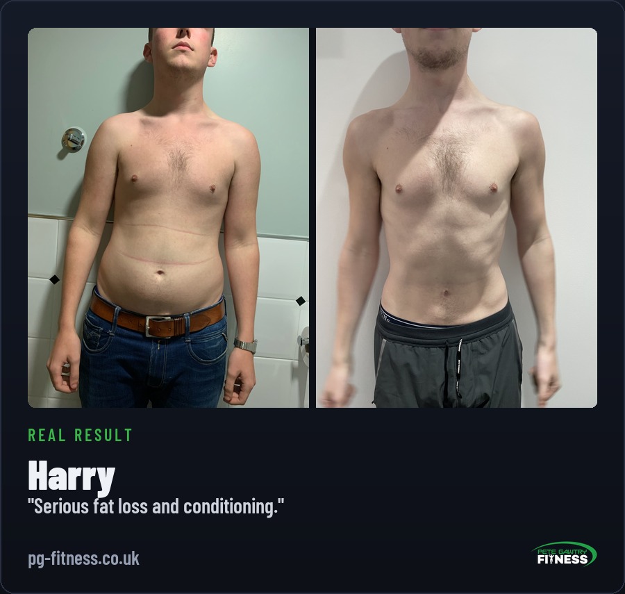 Harry before and after transformation with Pete Gawtry, award-winning Leeds personal trainer